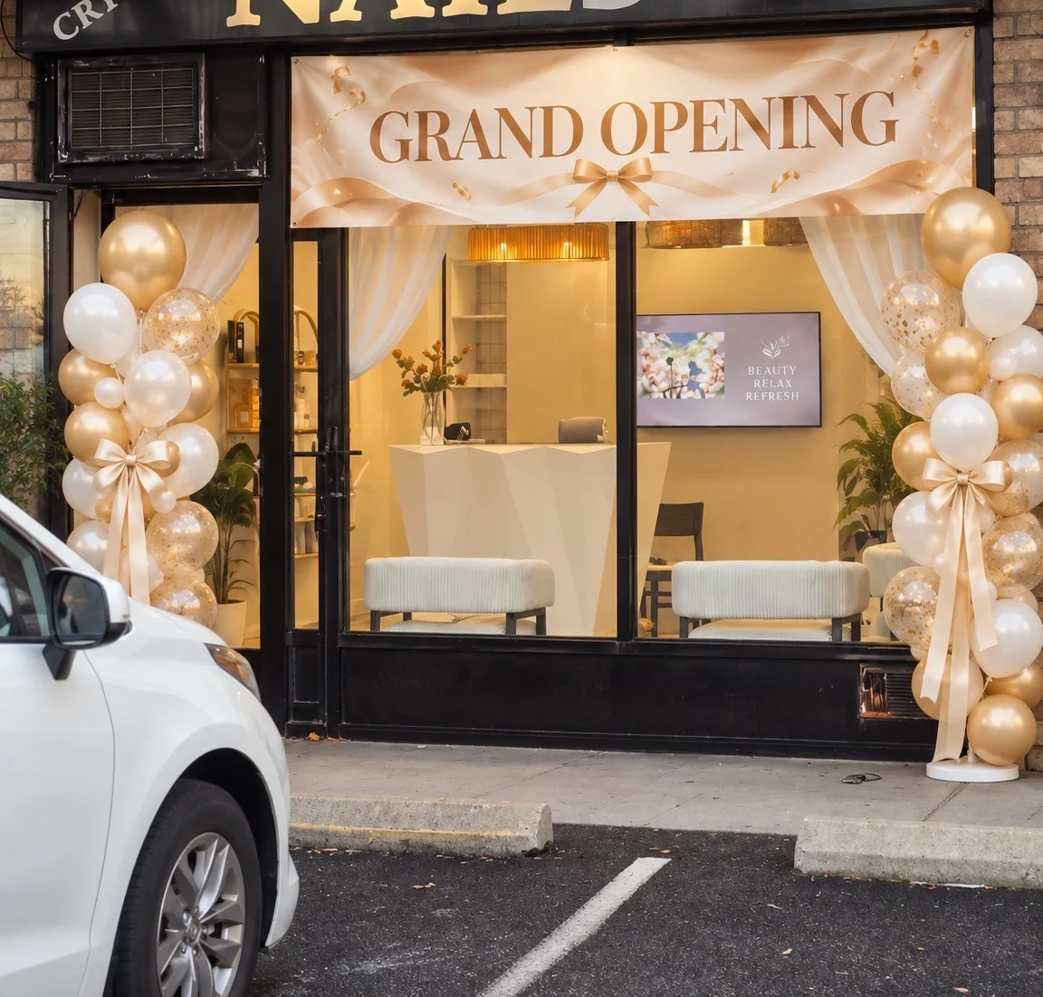 Veil storefront decorated for its grand opening with gold and white balloons
